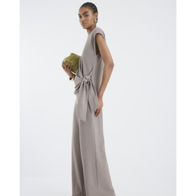 Beige Drawstring Pinstripe Trousers