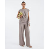 Beige Drawstring Pinstripe Trousers