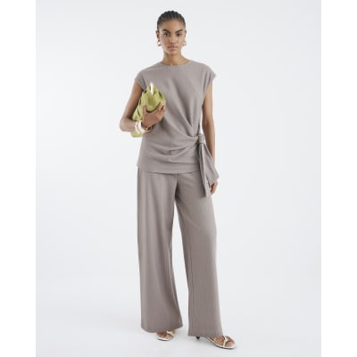 Beige Drawstring Pinstripe Trousers