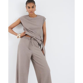Beige Drawstring Pinstripe Trousers