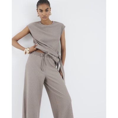 Beige Drawstring Pinstripe Trousers