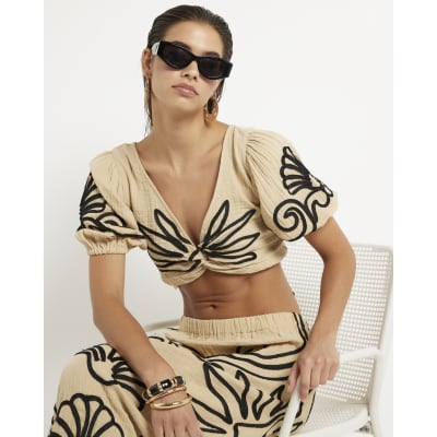 Beige Embroidered Beach Crop Top