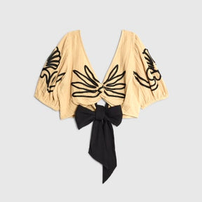 Beige Embroidered Beach Crop Top