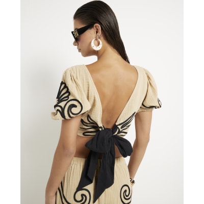 Beige Embroidered Beach Crop Top