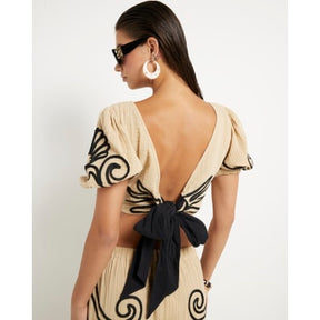 Beige Embroidered Beach Crop Top