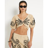 Beige Embroidered Beach Crop Top