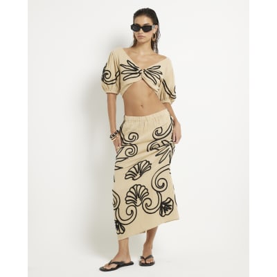 Beige Embroidered Beach Crop Top