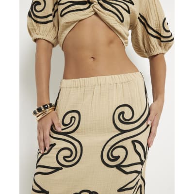 Beige Embroidered Beach Maxi Skirt
