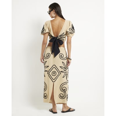 Beige Embroidered Beach Maxi Skirt