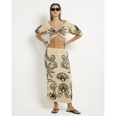 Beige Embroidered Beach Maxi Skirt