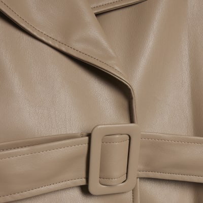 Beige Faux Leather Belted Trench Jacket