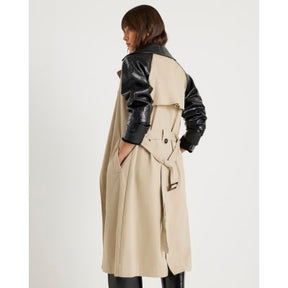 Beige Faux Leather Sleeve Trench Coat