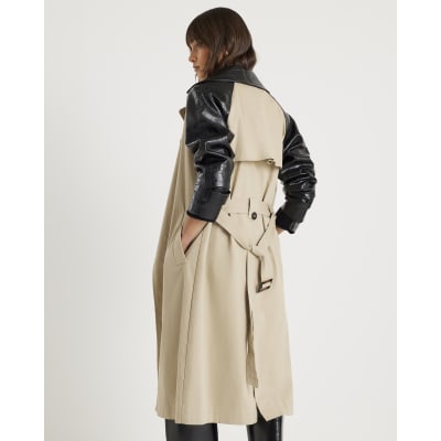 Beige Faux Leather Sleeve Trench Coat