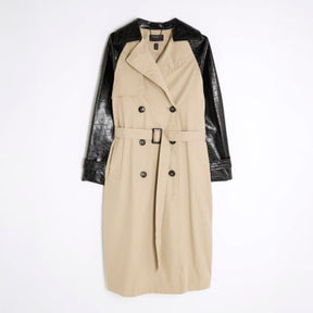 Beige Faux Leather Sleeve Trench Coat