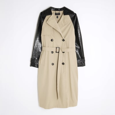 Beige Faux Leather Sleeve Trench Coat
