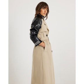 Beige Faux Leather Sleeve Trench Coat