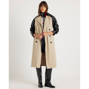 Beige Faux Leather Sleeve Trench Coat
