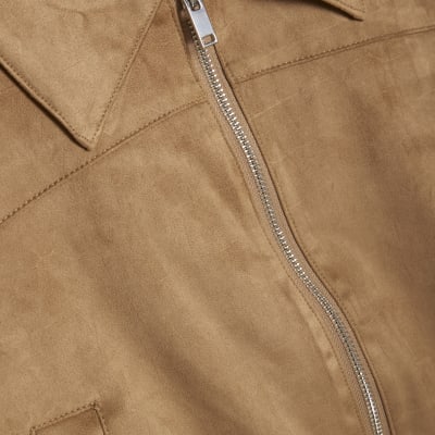 Beige Faux Suede Ribbed Hem Bomber Jacket