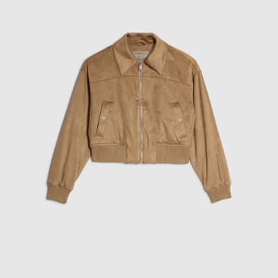 Beige Faux Suede Ribbed Hem Bomber Jacket