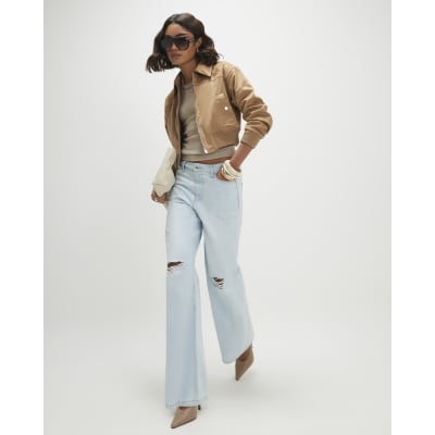 Beige Faux Suede Ribbed Hem Bomber Jacket