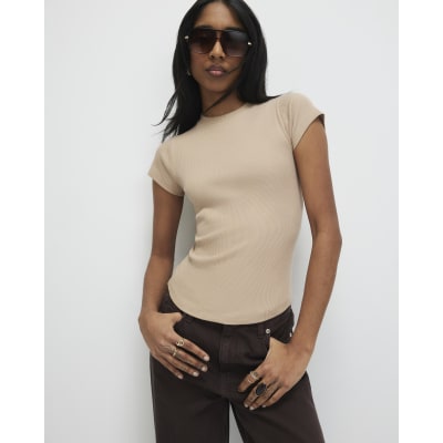 Beige Fitted Rib T-Shirt