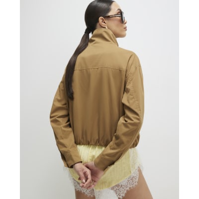 Beige Funnel Neck Bubble Hem Bomber Jacket
