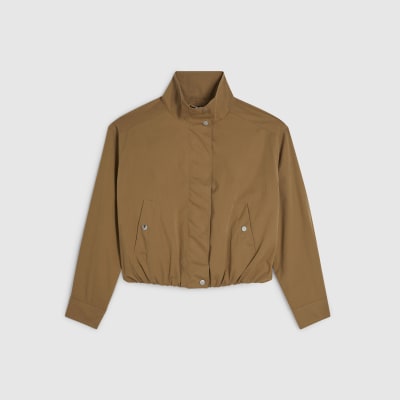 Beige Funnel Neck Bubble Hem Bomber Jacket