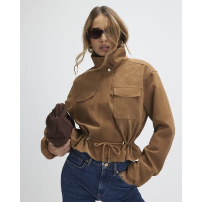 Beige Funnel Neck Drawstring Jacket