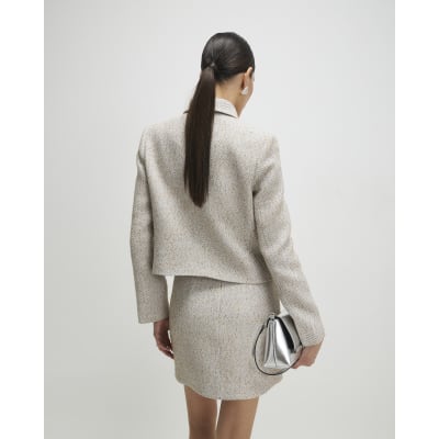 Beige Herringbone A-Line Mini Skirt