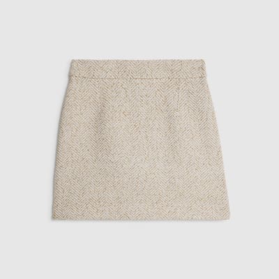 Beige Herringbone A-Line Mini Skirt