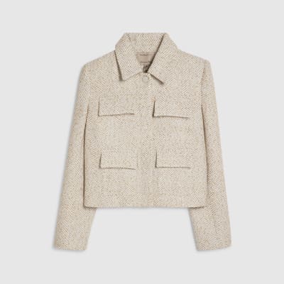 Beige Herringbone Pocket Detail Jacket