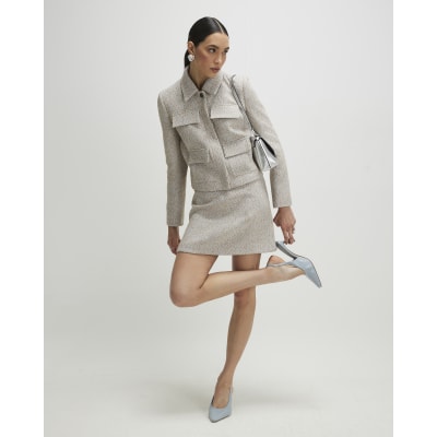 Beige Herringbone Pocket Detail Jacket