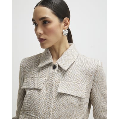 Beige Herringbone Pocket Detail Jacket
