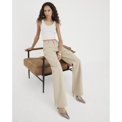 Beige High Rise Diamante Loose Wide Leg Jeans