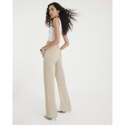 Beige High Rise Diamante Loose Wide Leg Jeans