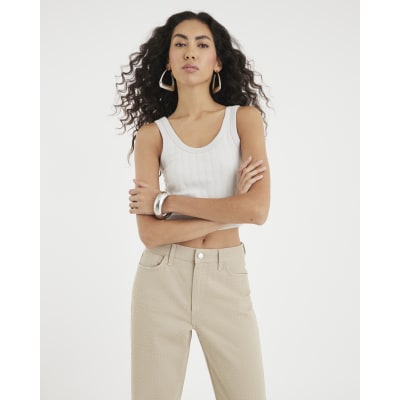 Beige High Rise Diamante Loose Wide Leg Jeans