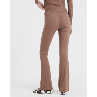 Beige High Waisted Ribbed Flare Leggings