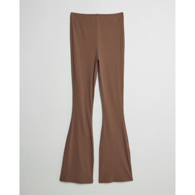 Beige High Waisted Ribbed Flare Leggings