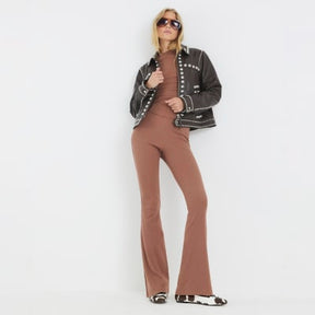 Beige High Waisted Ribbed Flare Leggings
