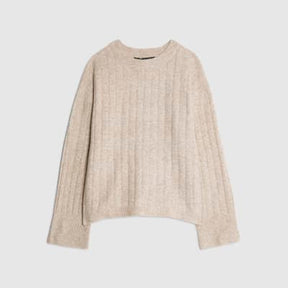 Beige Knit Crew Neck Ribbed Jumper
