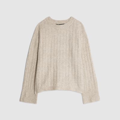 Beige Knit Crew Neck Ribbed Jumper