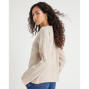 Beige Knit Crew Neck Ribbed Jumper