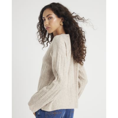 Beige Knit Crew Neck Ribbed Jumper