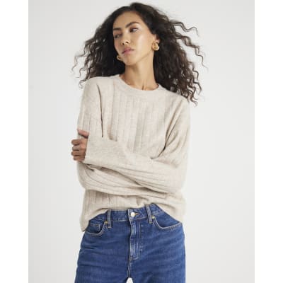 Beige Knit Crew Neck Ribbed Jumper