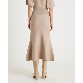 Beige Knit Flared Midi Skirt