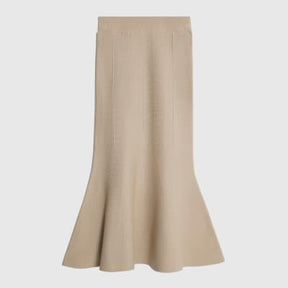 Beige Knit Flared Midi Skirt