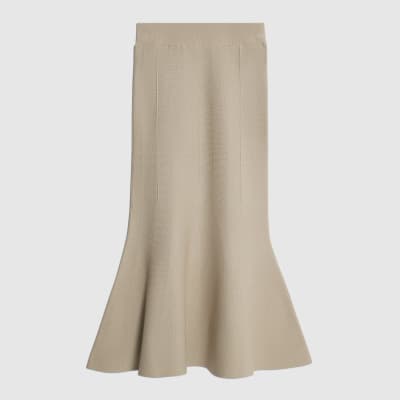 Beige Knit Flared Midi Skirt