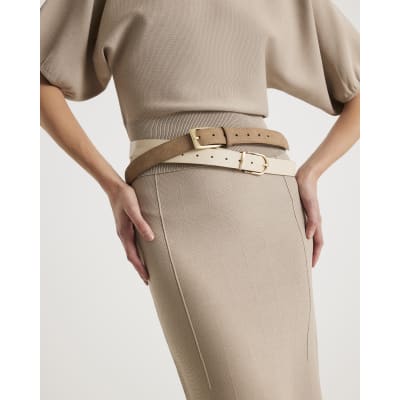 Beige Knit Flared Midi Skirt