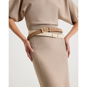 Beige Knit Flared Midi Skirt