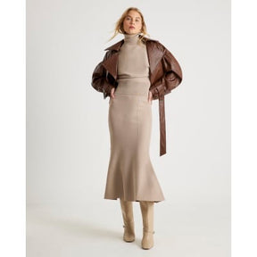 Beige Knit Flared Midi Skirt